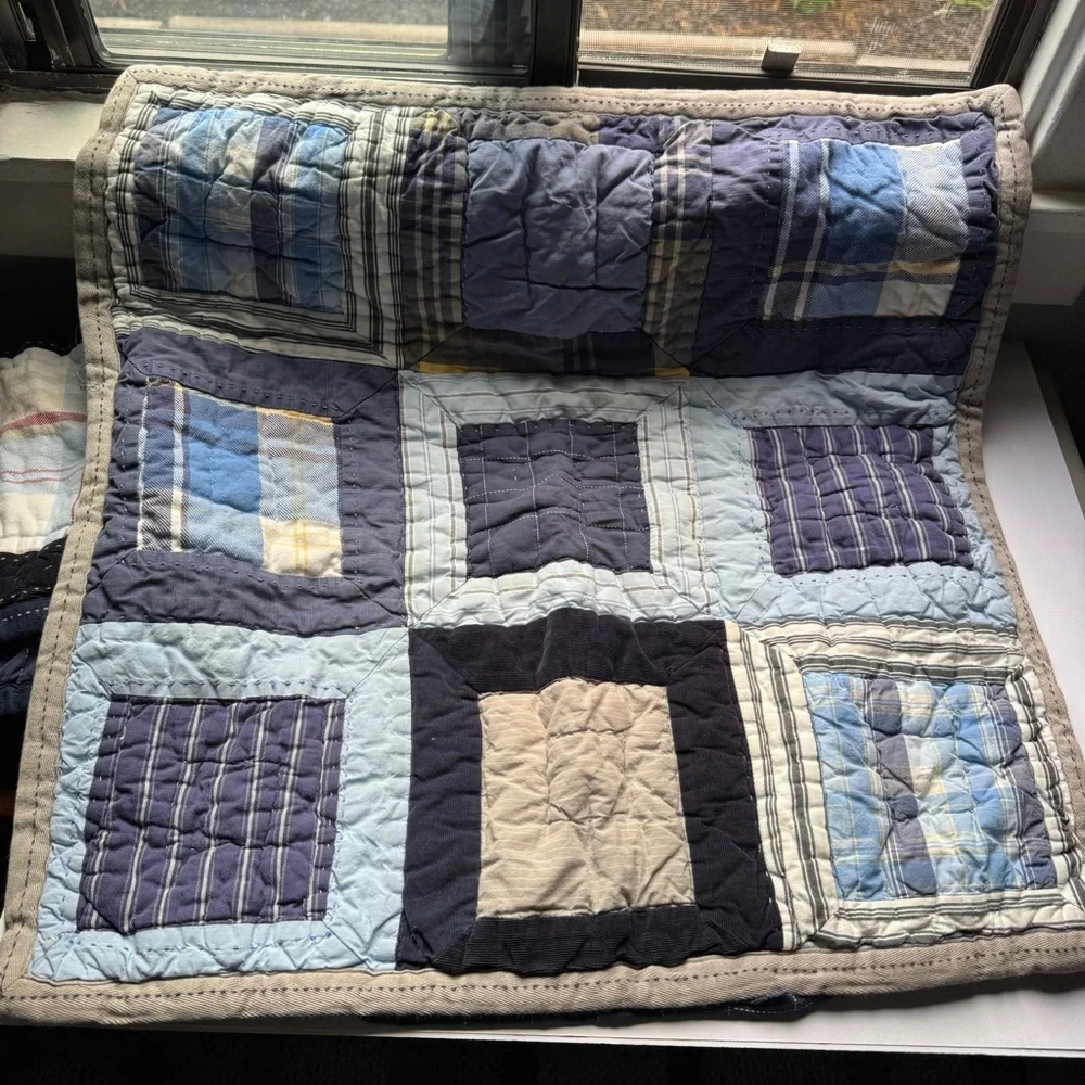 Pottery Barn Kids Quilted Pillowcase Shams Set Blue Red Plaid Patchwork Cotton